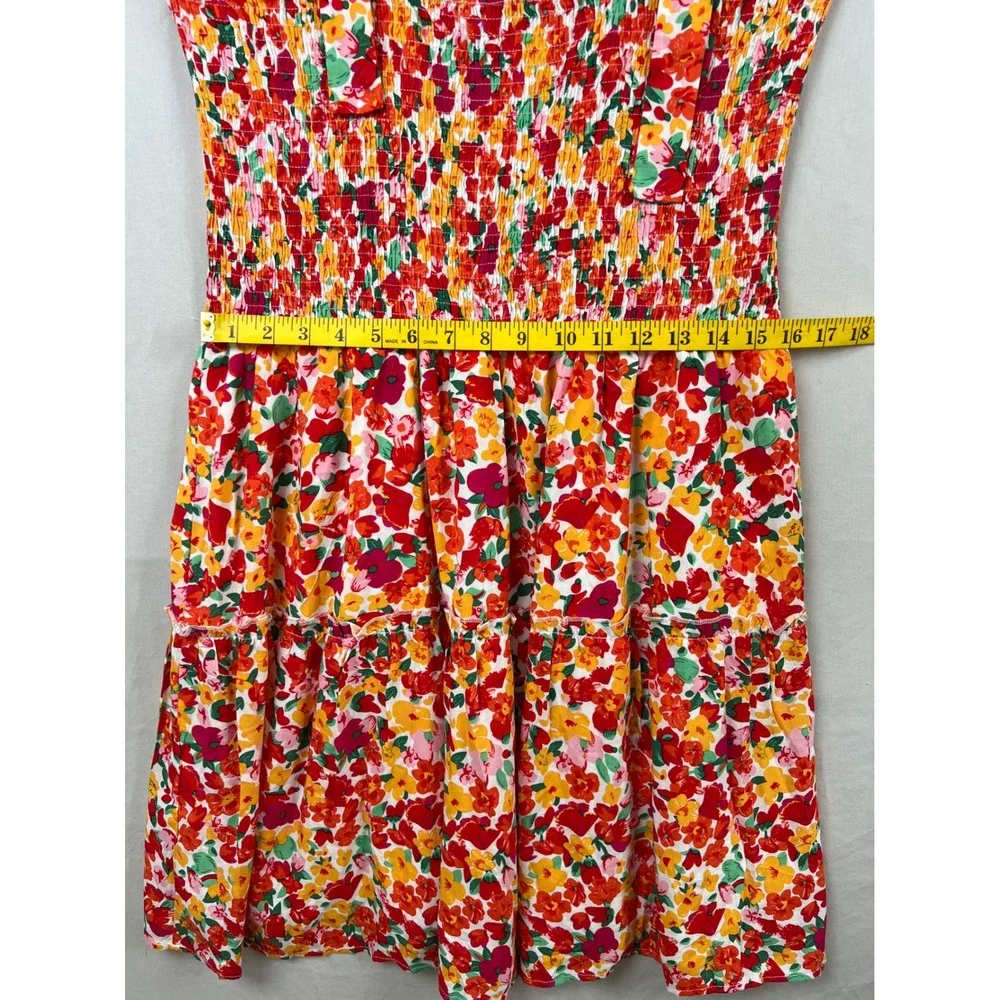 ZESICA Floral Mini Dress Women XL Red Orange Smocked Tie Strap Tiered Cottage
